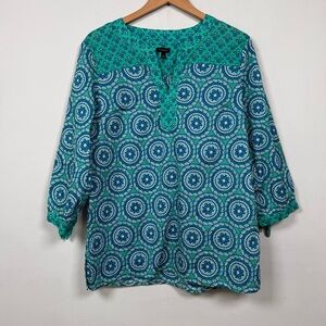 Talbots Teal and Aqua Pattern Tunic, 100% Cotton, Size L, Great Condition!